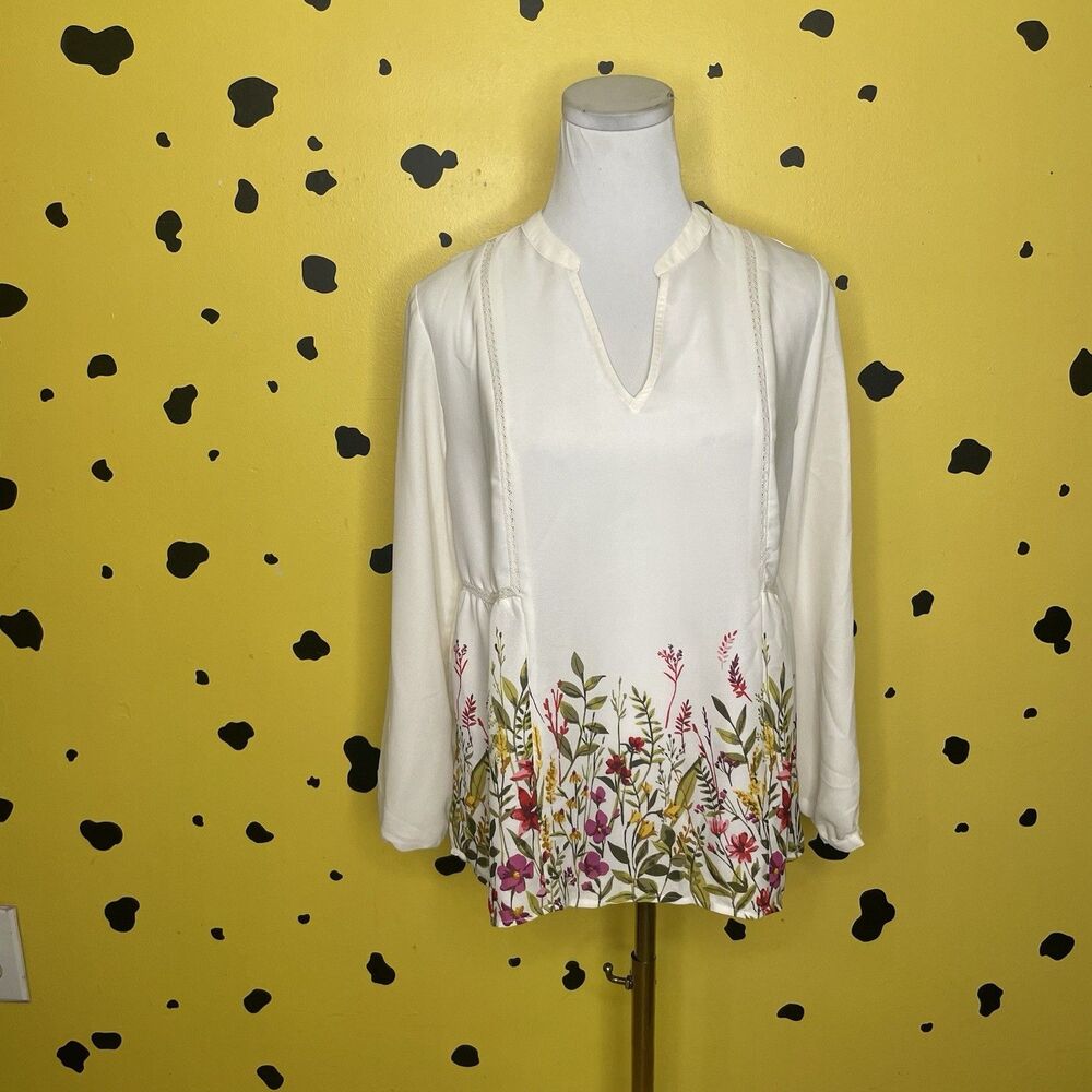 Old Navy White Floral Border Print Peplum Blouse Cottagecore XS Office